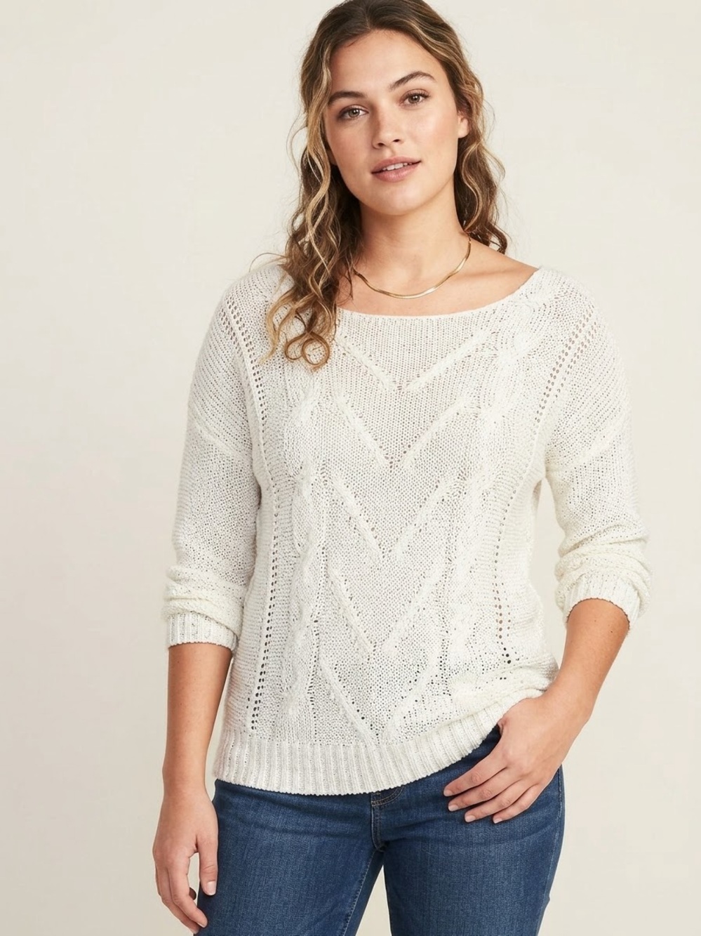 Old Navy Women's Scoop Neck Cable Knit Open Weave Long Sleeve Pullover Sweater